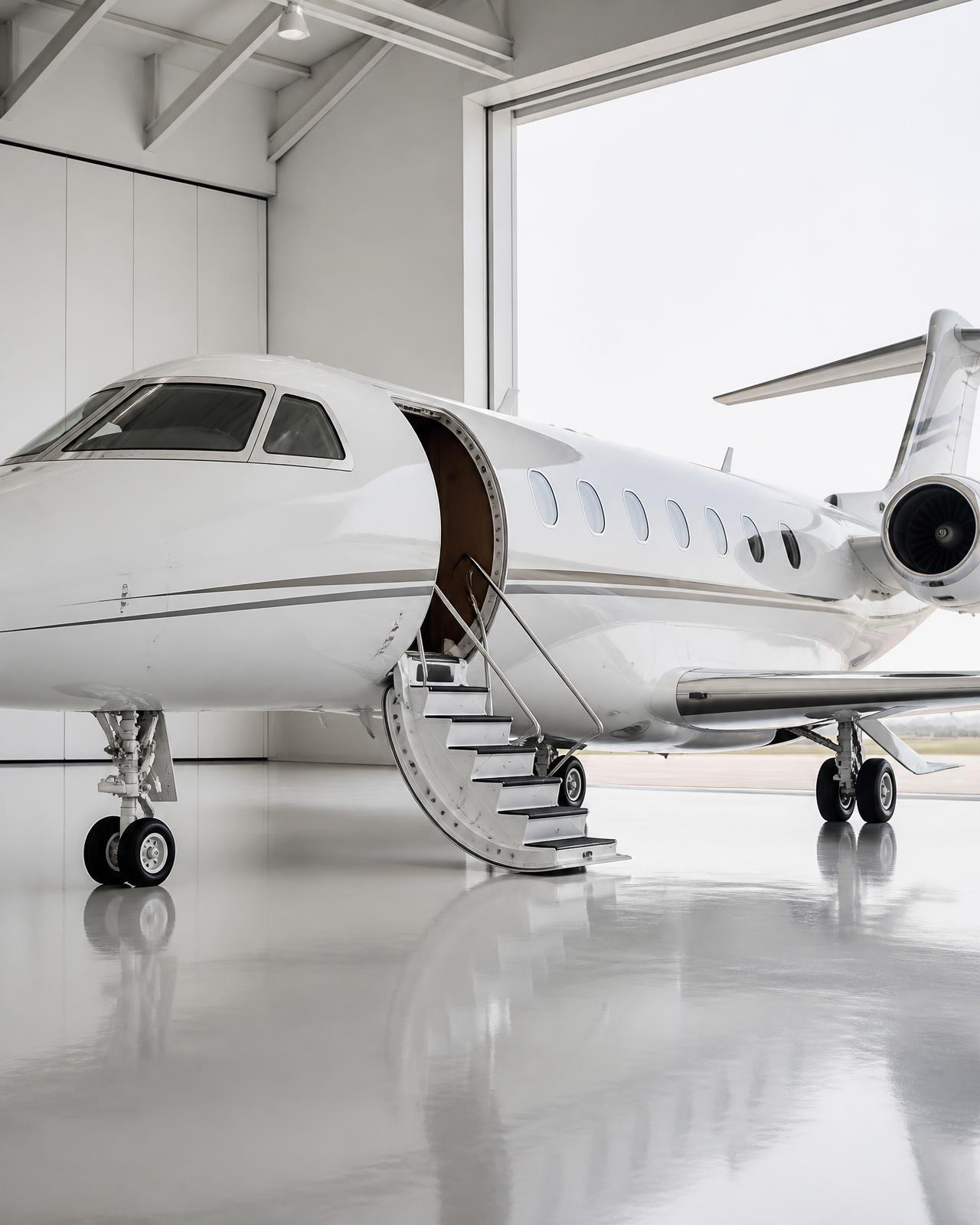 Private jet inside a lit hangar