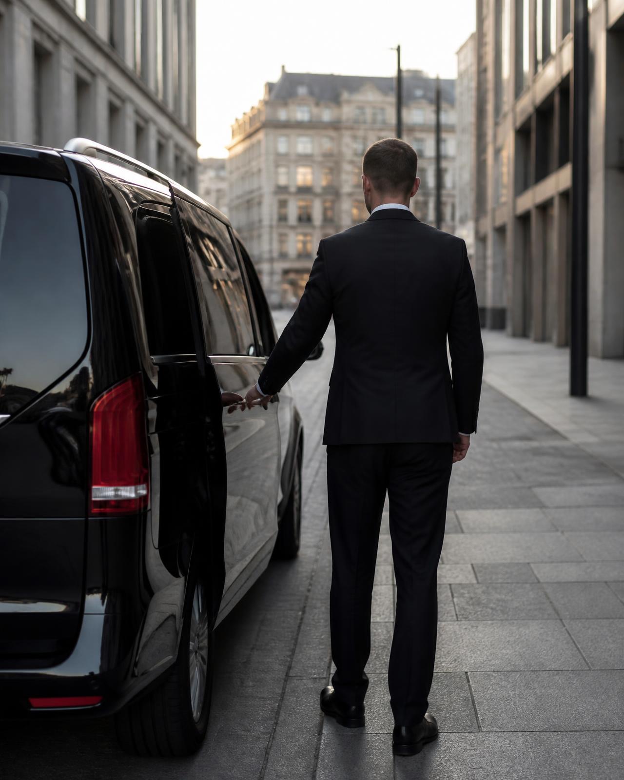 Chauffeur standing beside an executive van before a transfer