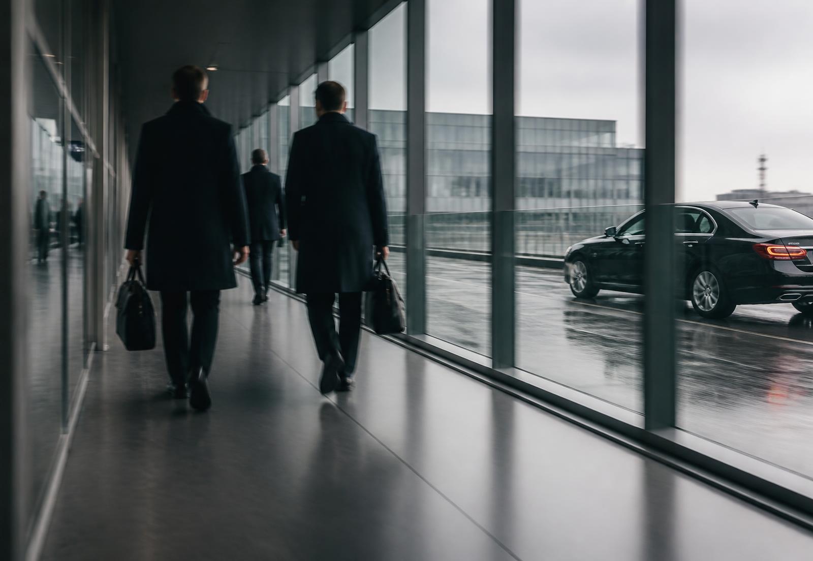 Executives walking through an airport corridor